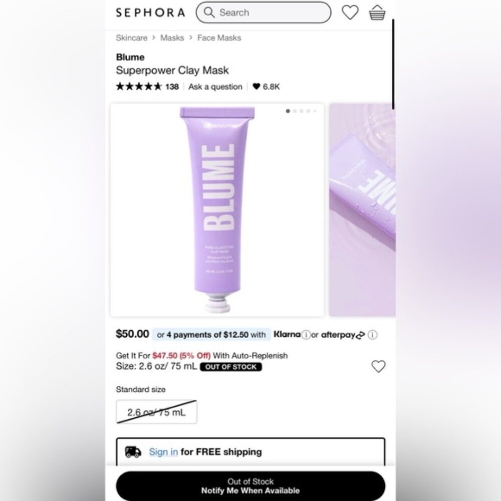 BRAND NEW Sephora Blume Superpower hydrating brighten pore Clay Mask Full size